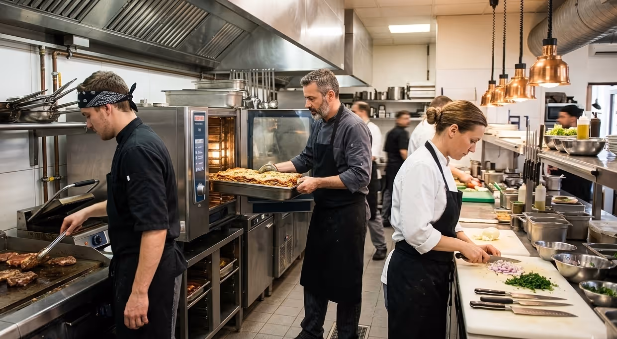 Trois chefs professionnels cuisinant dans une cuisine de restaurant, l'un grille de la viande, l'autre sort un plat du four, et la troisième coupe des légumes.