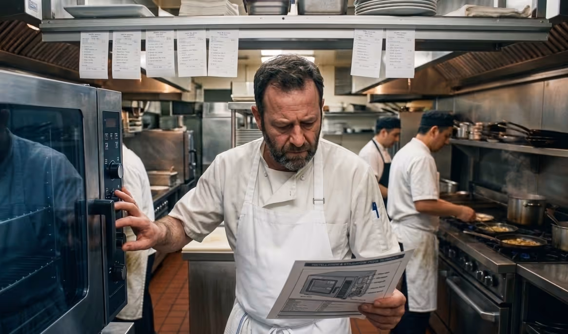 Chef dans une cuisine professionnelle utilisant un manuel tout en réglant un four, avec deux cuisiniers préparant des plats en arrière-plan.