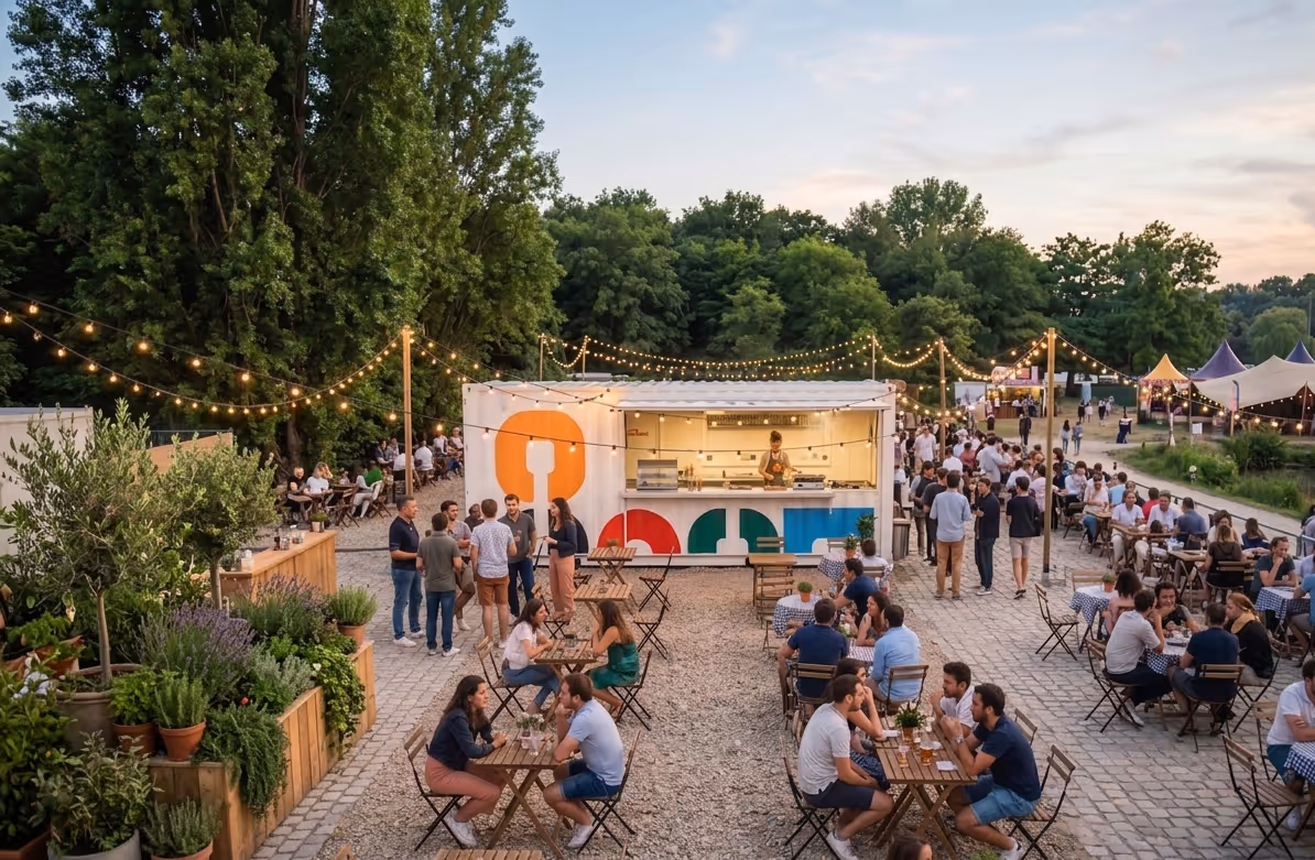 Un espace extérieur animé avec des tables en bois et des chaises, des personnes discutant et mangeant autour d'un conteneur aménagé en stand de restauration, décoré avec des guirlandes lumineuses et entouré de végétation.