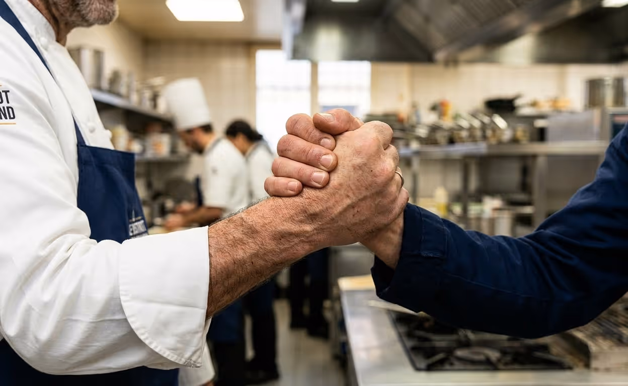 Deux personnes se serrant la main dans une cuisine professionnelle avec des chefs en arrière-plan.