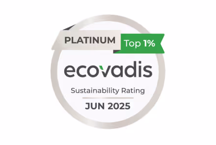 Écocertification EcoVadis Platine avec mention Top 1% et date juin 2025 pour notation de durabilité.
