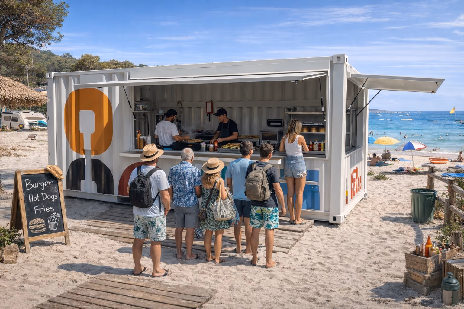 Des personnes font la queue devant un food truck sur la plage pour commander des burgers, hot dogs et frites sous un ciel bleu.