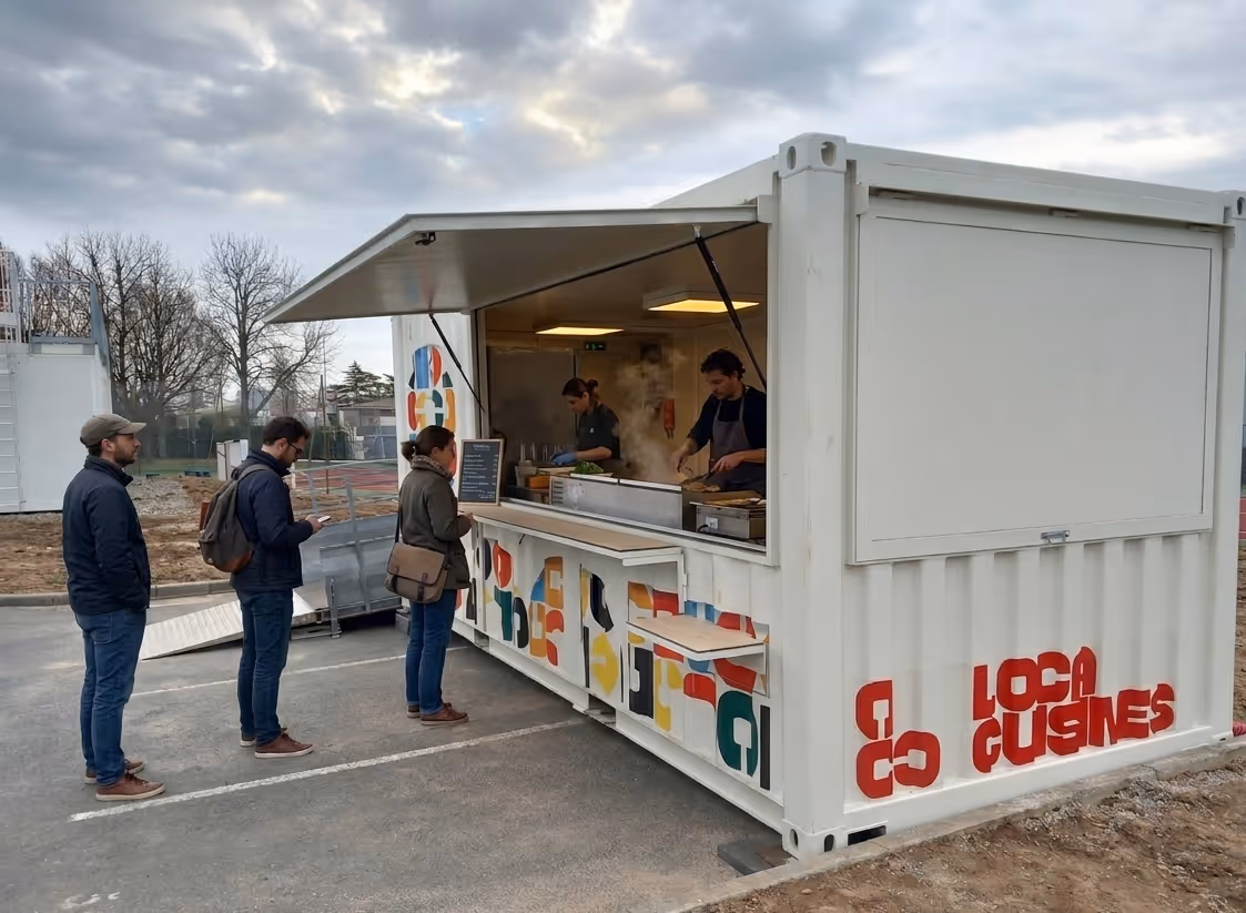 Food truck installé dans un conteneur blanc avec des clients faisant la queue sur un parking.