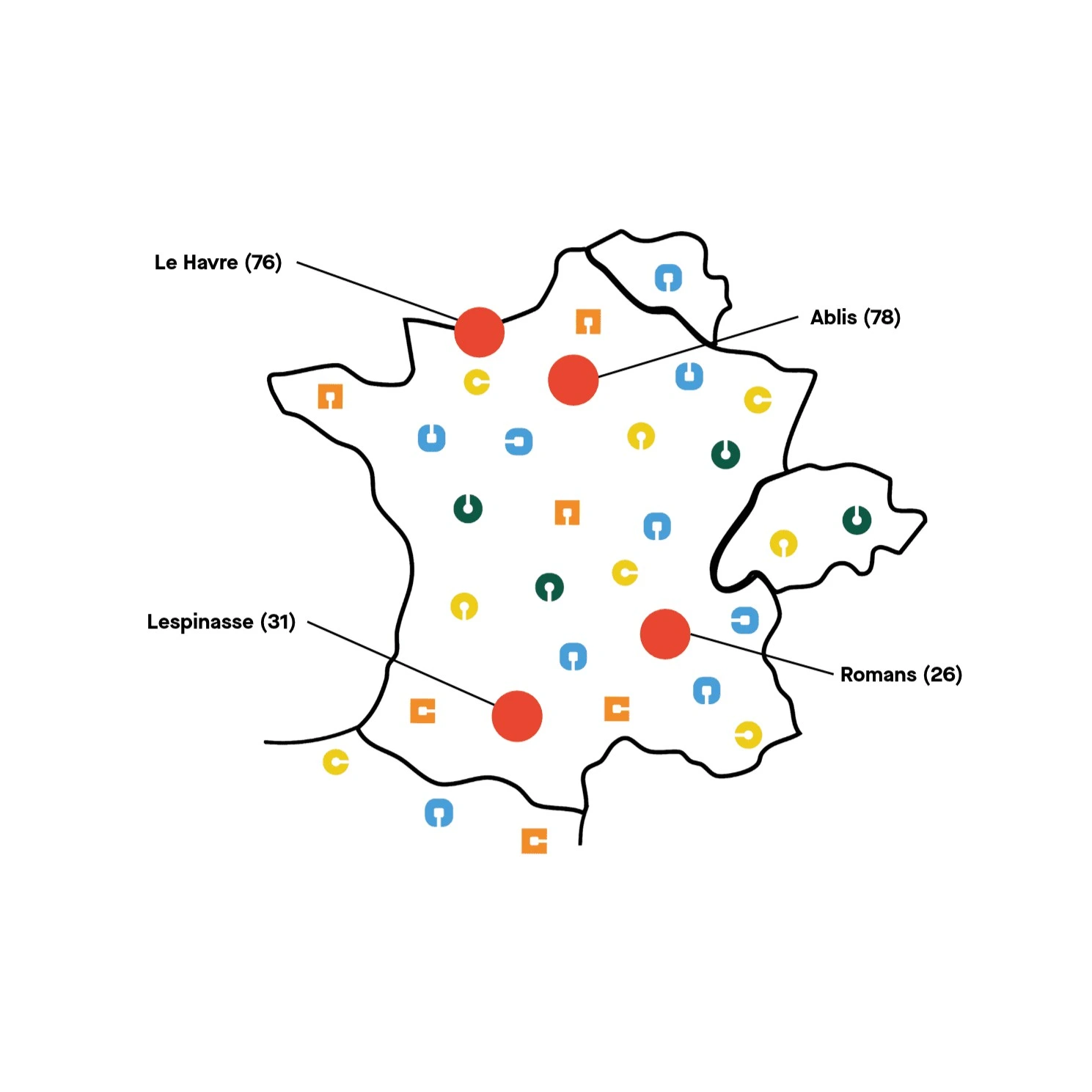 Map of France showing the Locacuisines locations: Le Havre (76), Ablis (78), and Lespinasse (31), marked with red dots and scattered colored symbols.