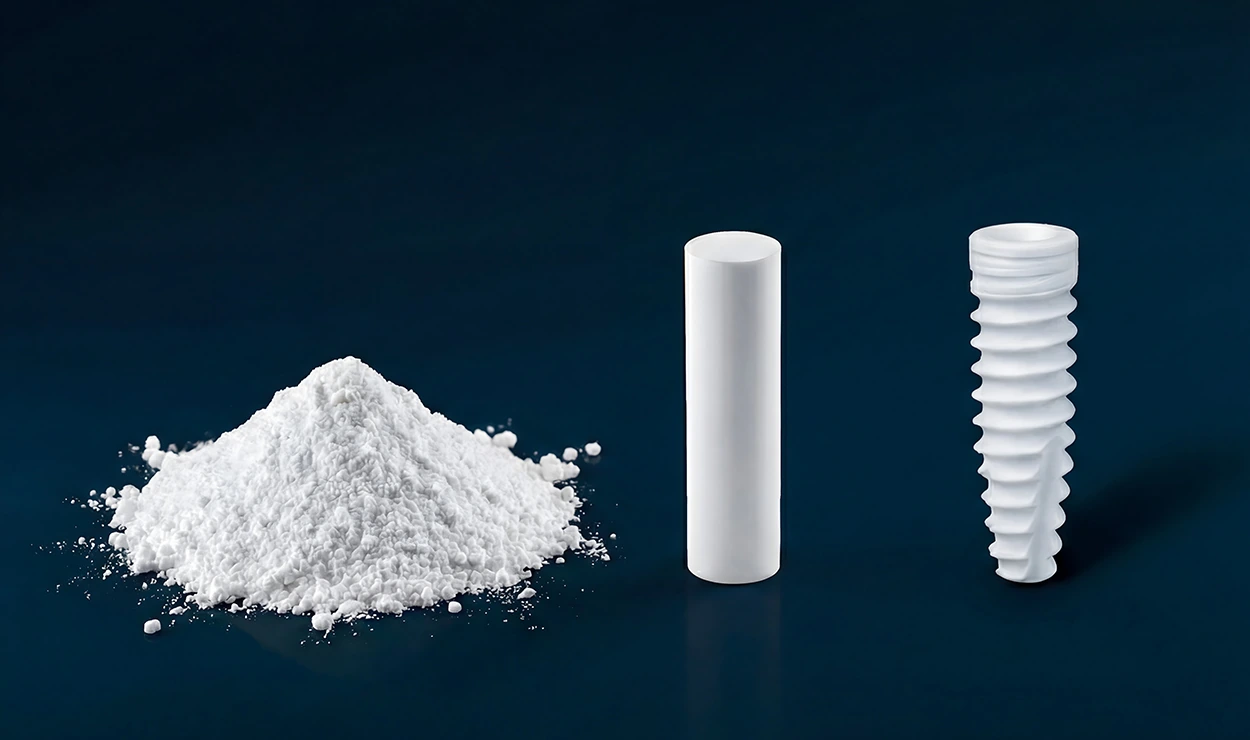 Zirkonoxid Pulver, Zirkonoxid Rohling in Stabform und Zirkonoxid Zahnimplantat von links nach rechts.