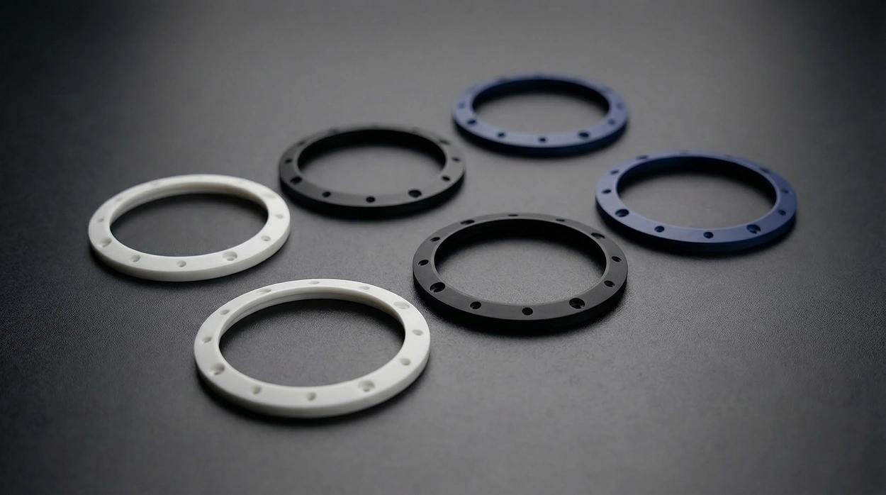 Auswahl von Lunetten aus technischer Keramik. Zwei in weiss, zwei in schwarz und zwei in blau.S