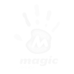 White stylized handprint with the letter 'M' inside the palm and the word 'magic' below it.