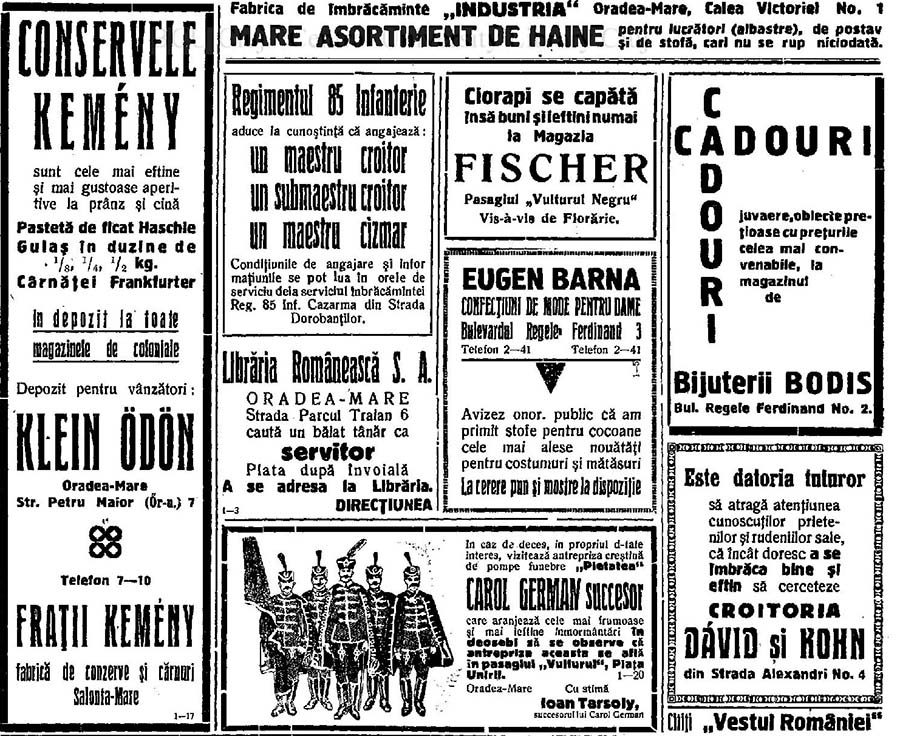 Vintage black and white advertisement showing a crowd lined up outside Postăvăria Deutsch store in Oradea with a man in a suit pointing to the scene.