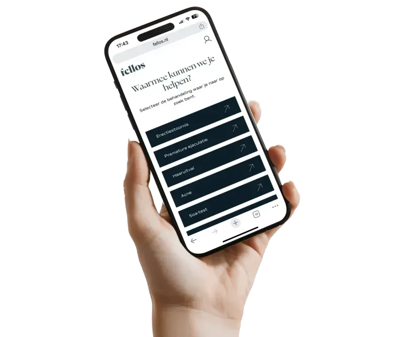 Hand met telefoon met website Fellos behandelingen open