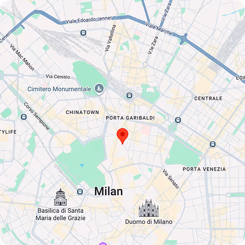 Map of Milan city center with a red location pin near Porta Garibaldi, showing landmarks Basilica di Santa Maria delle Grazie and Duomo di Milano.