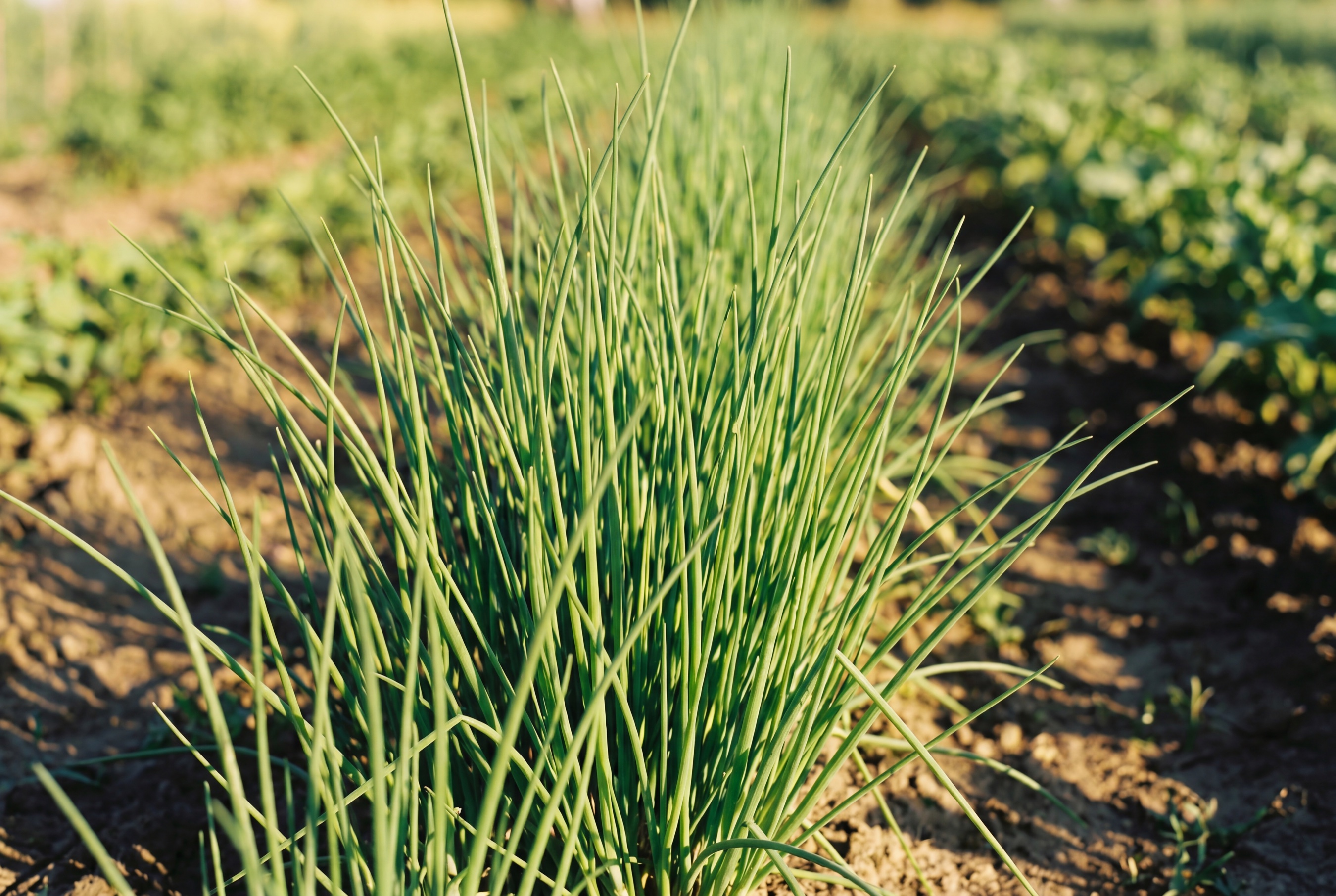 Erba cipollina in campo, steli verdi, Ideja
