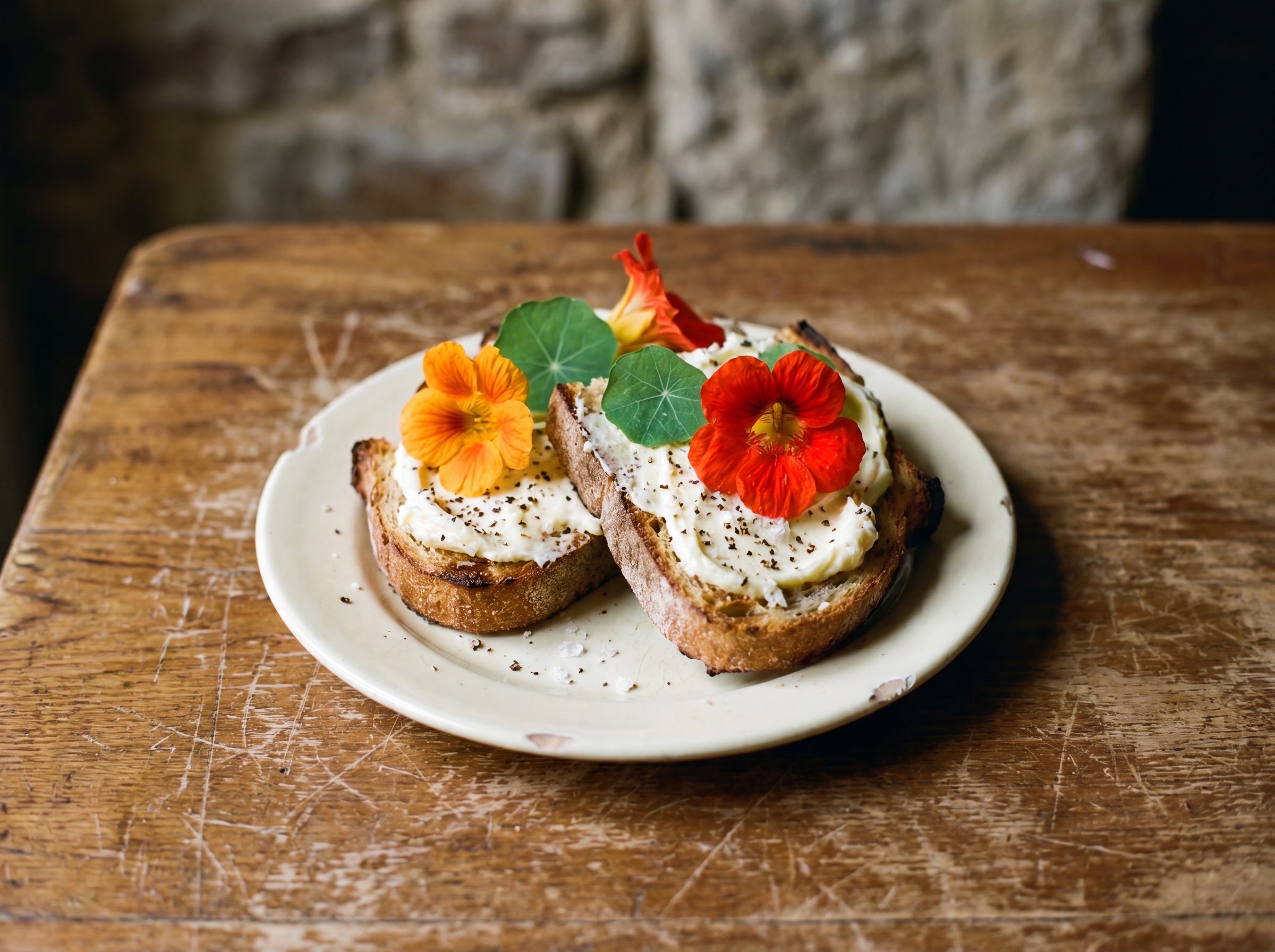 Crostini con burro montato e fiori di nasturzio