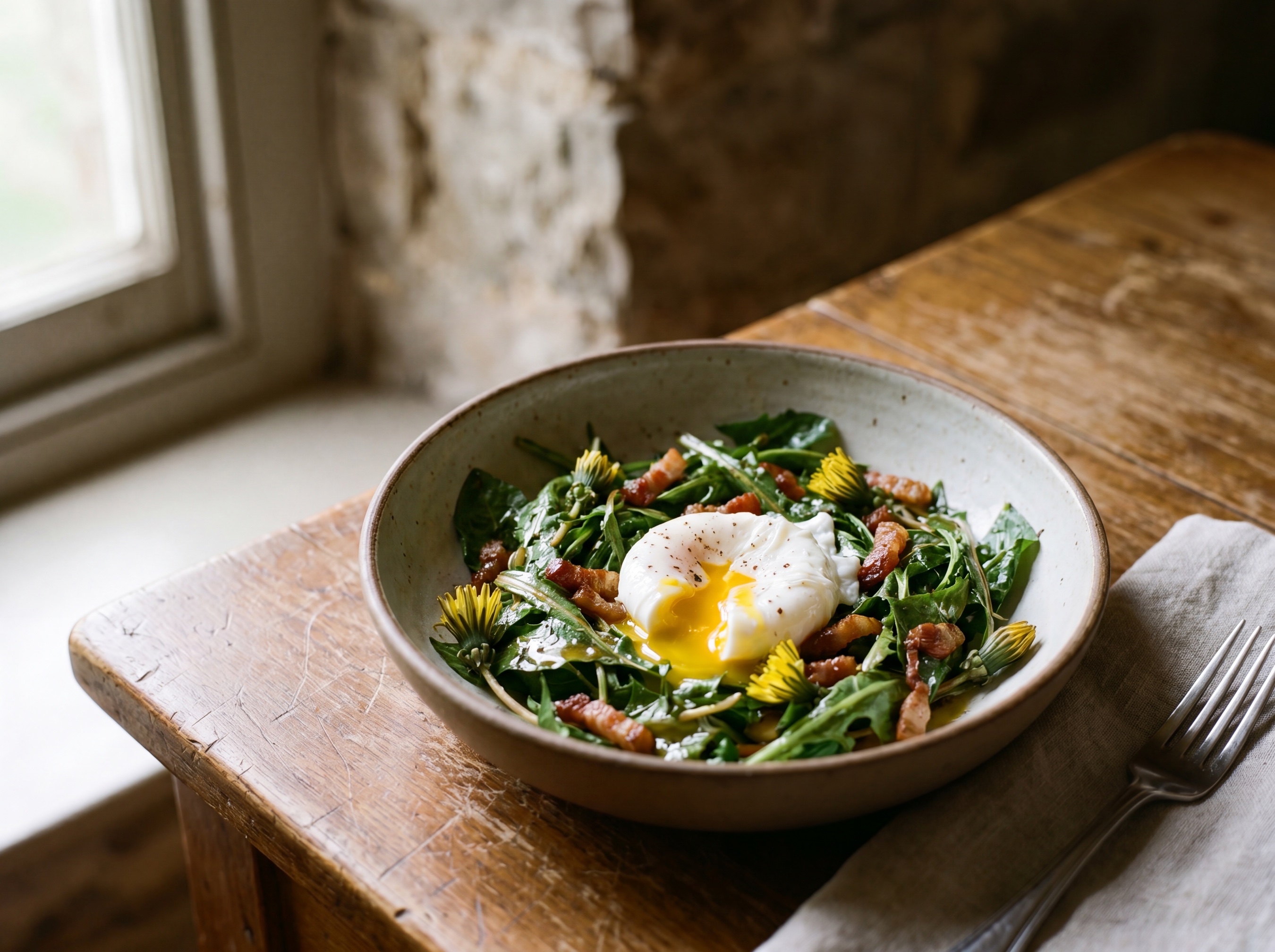 Insalata tiepida di tarassaco con uovo e guanciale