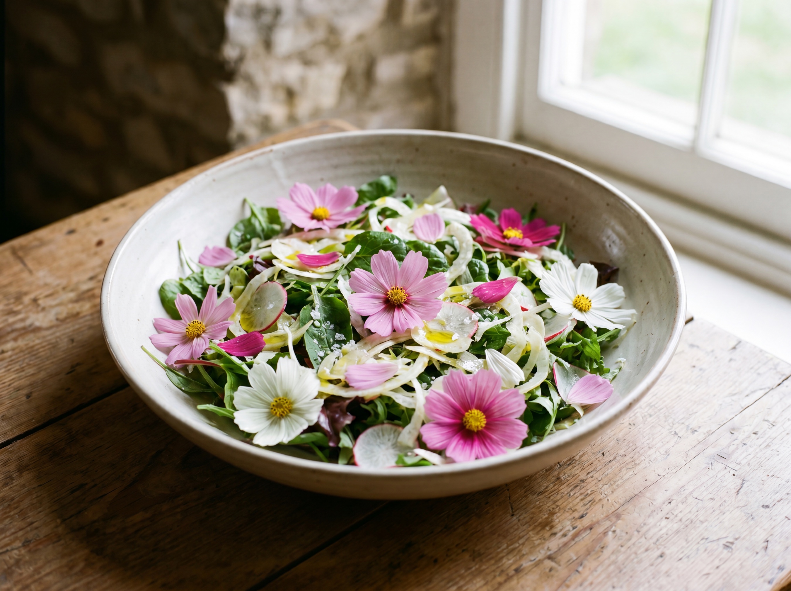 Insalata estiva con fiori di cosmea