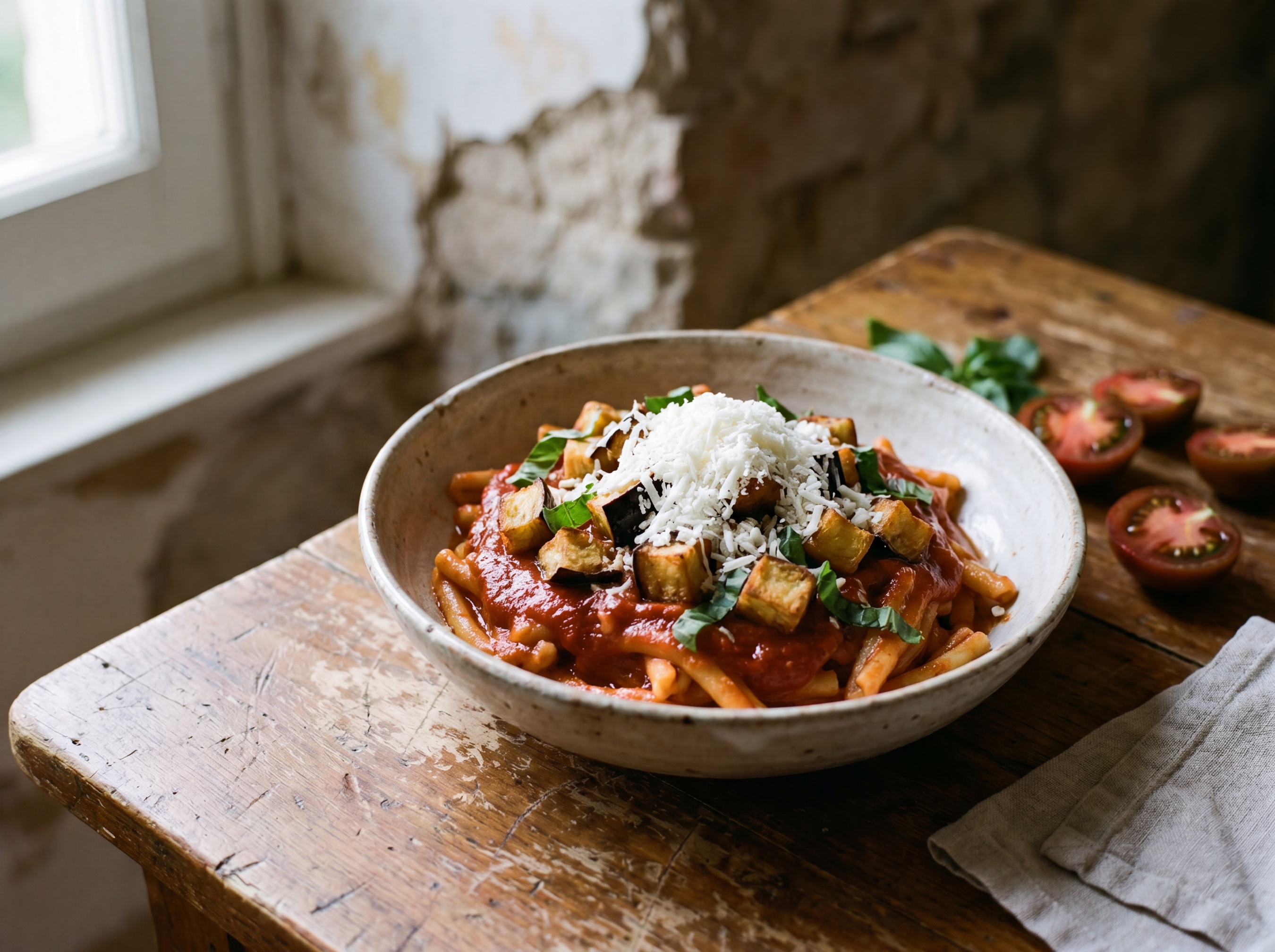Pasta alla Norma con pomodoro siccagno