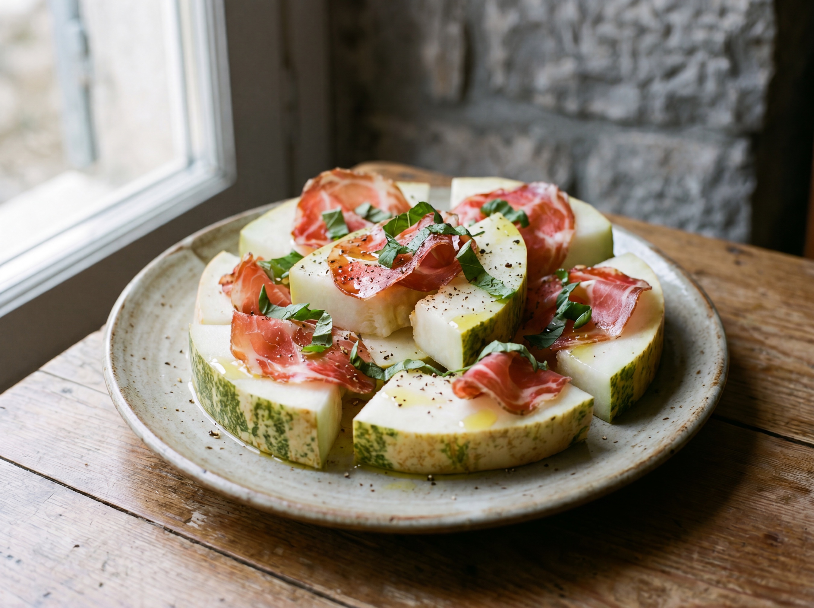 Melone con capocollo e basilico
