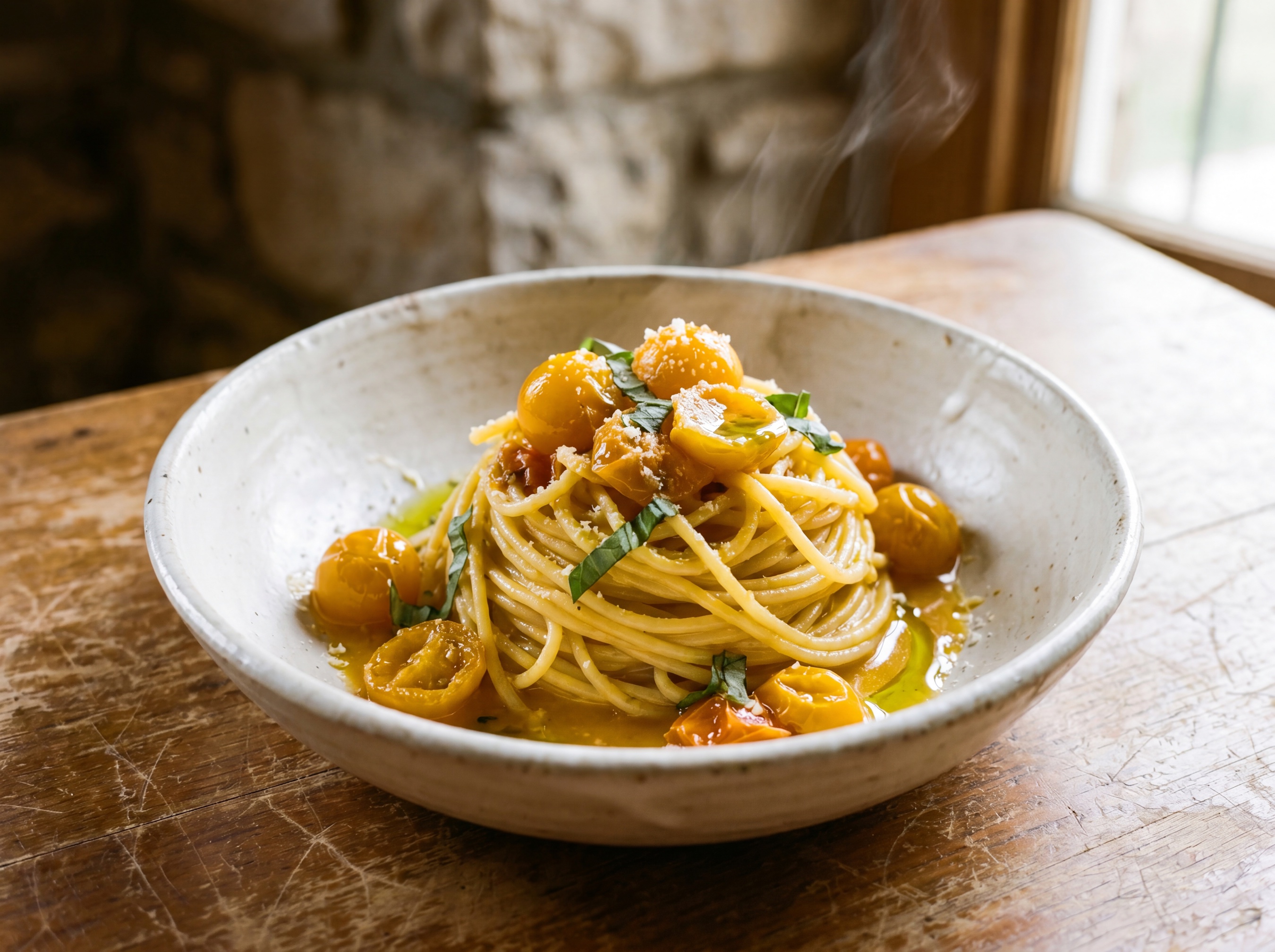 Spaghetti al pomodorino giallo con basilico