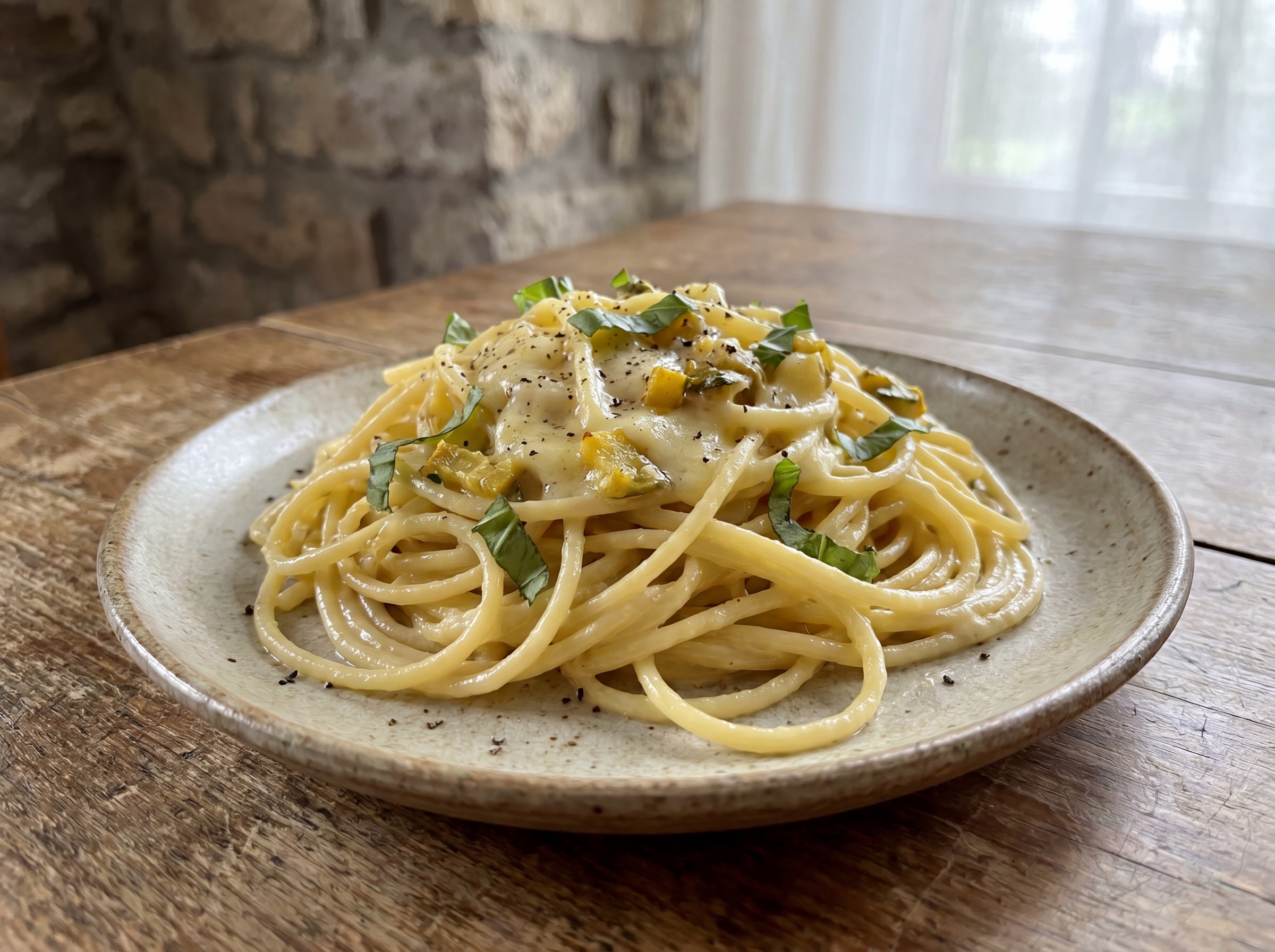 Spaghetti alla Nerano con zucchine gialle e Provolone del Monaco