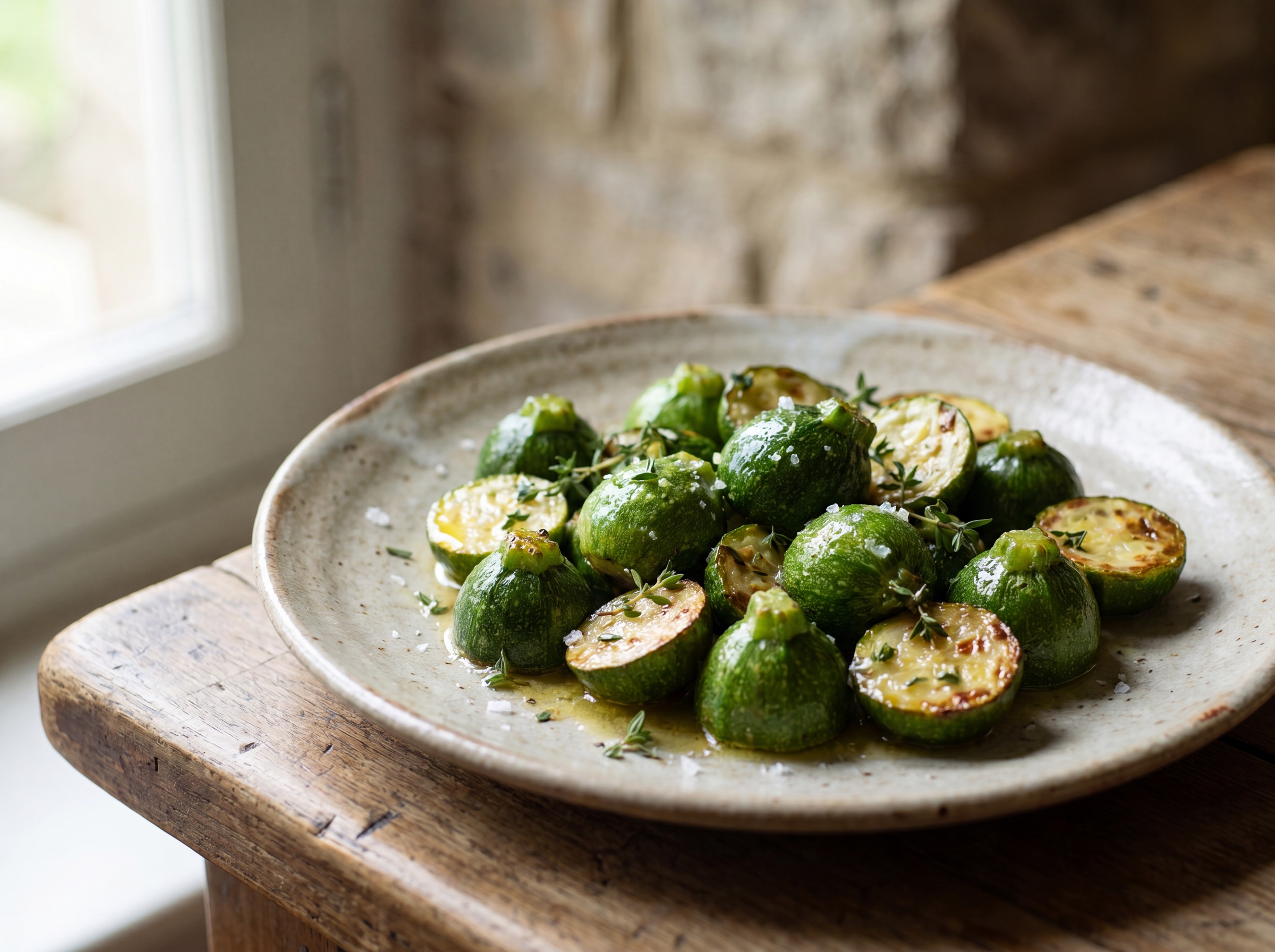 Zucchine baby tonde saltate al burro e timo