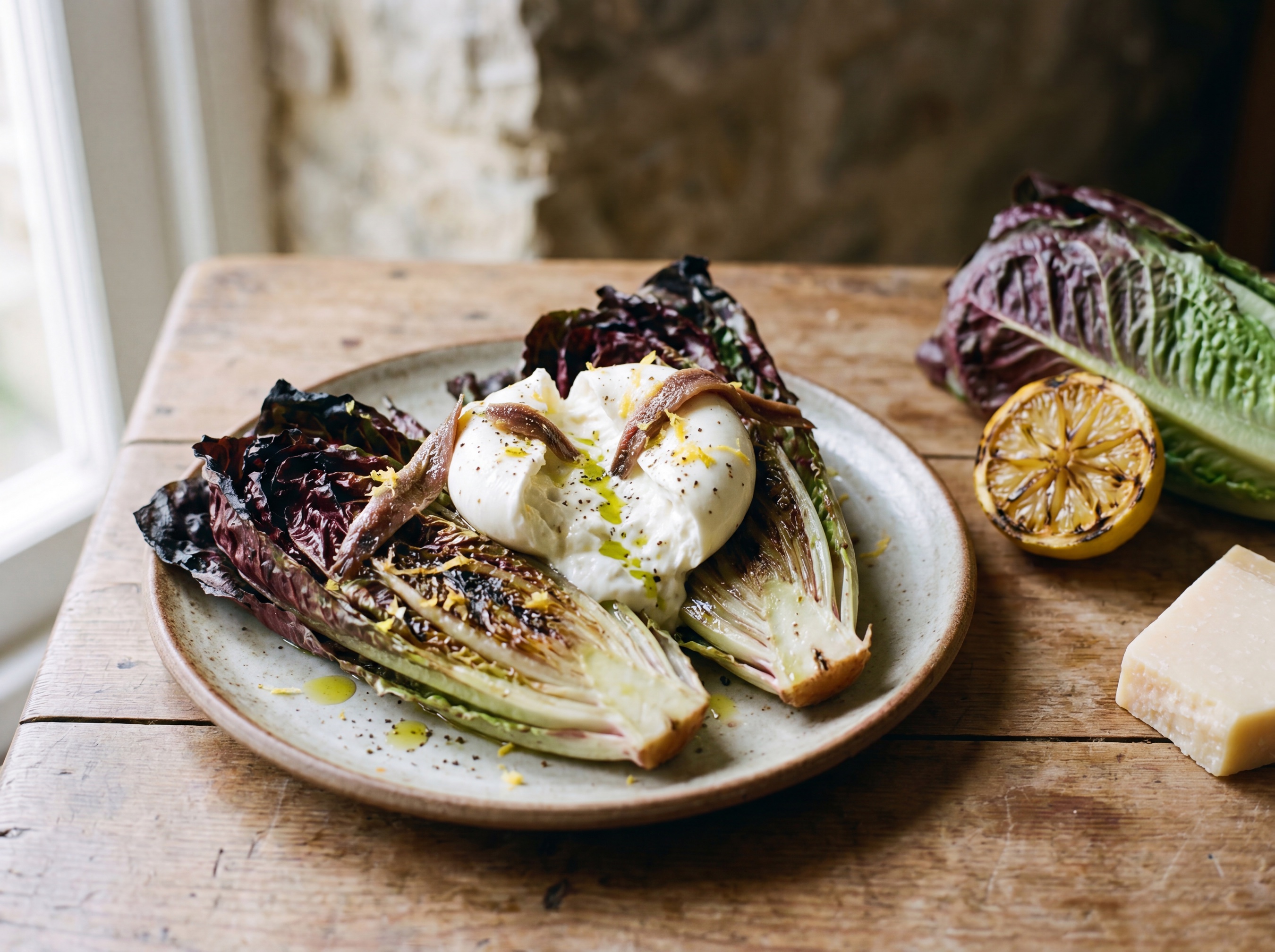 Lattuga romana rossa alla griglia con burrata e acciughe