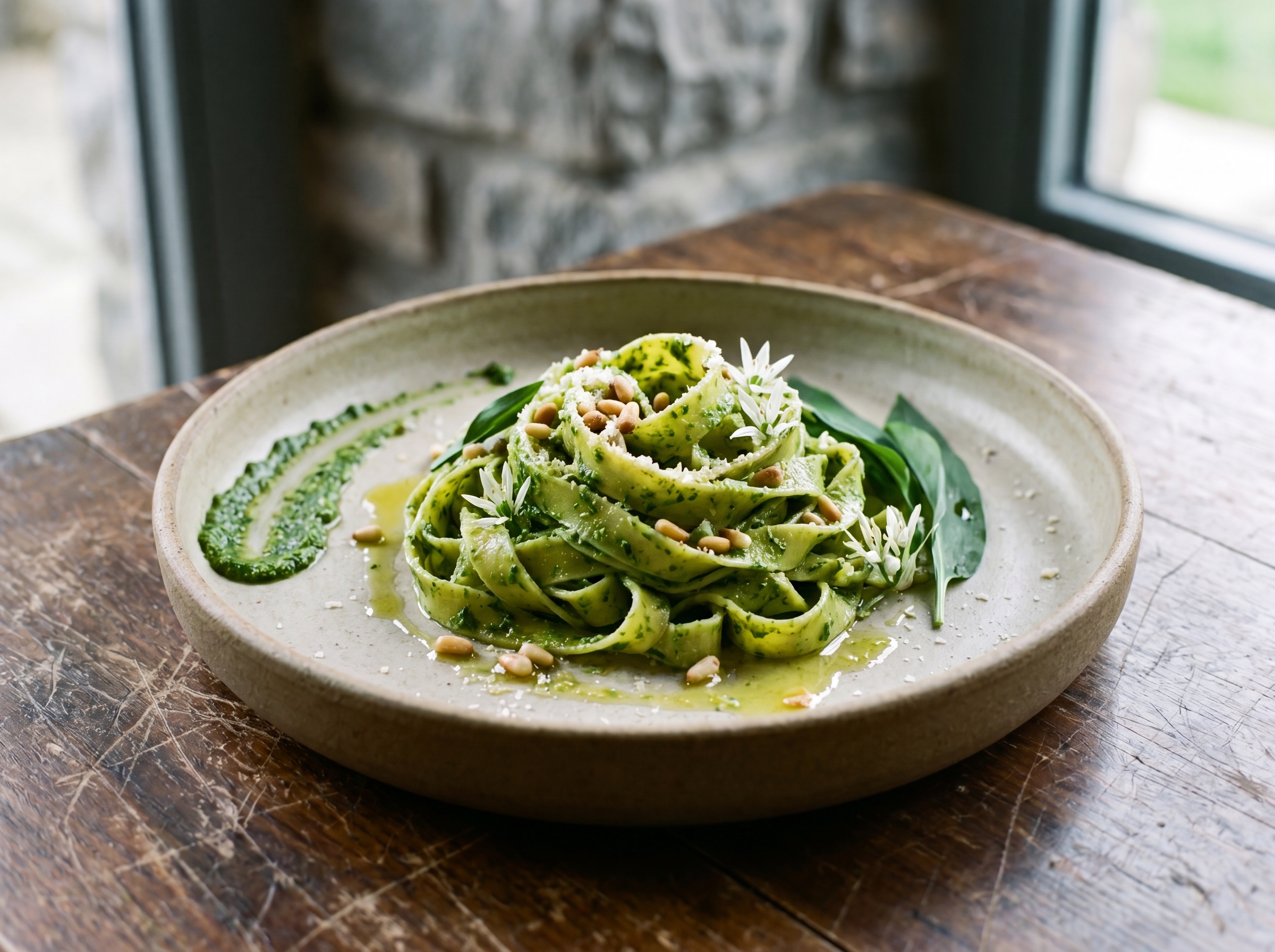 Pesto di aglio orsino su tagliatelle fresche