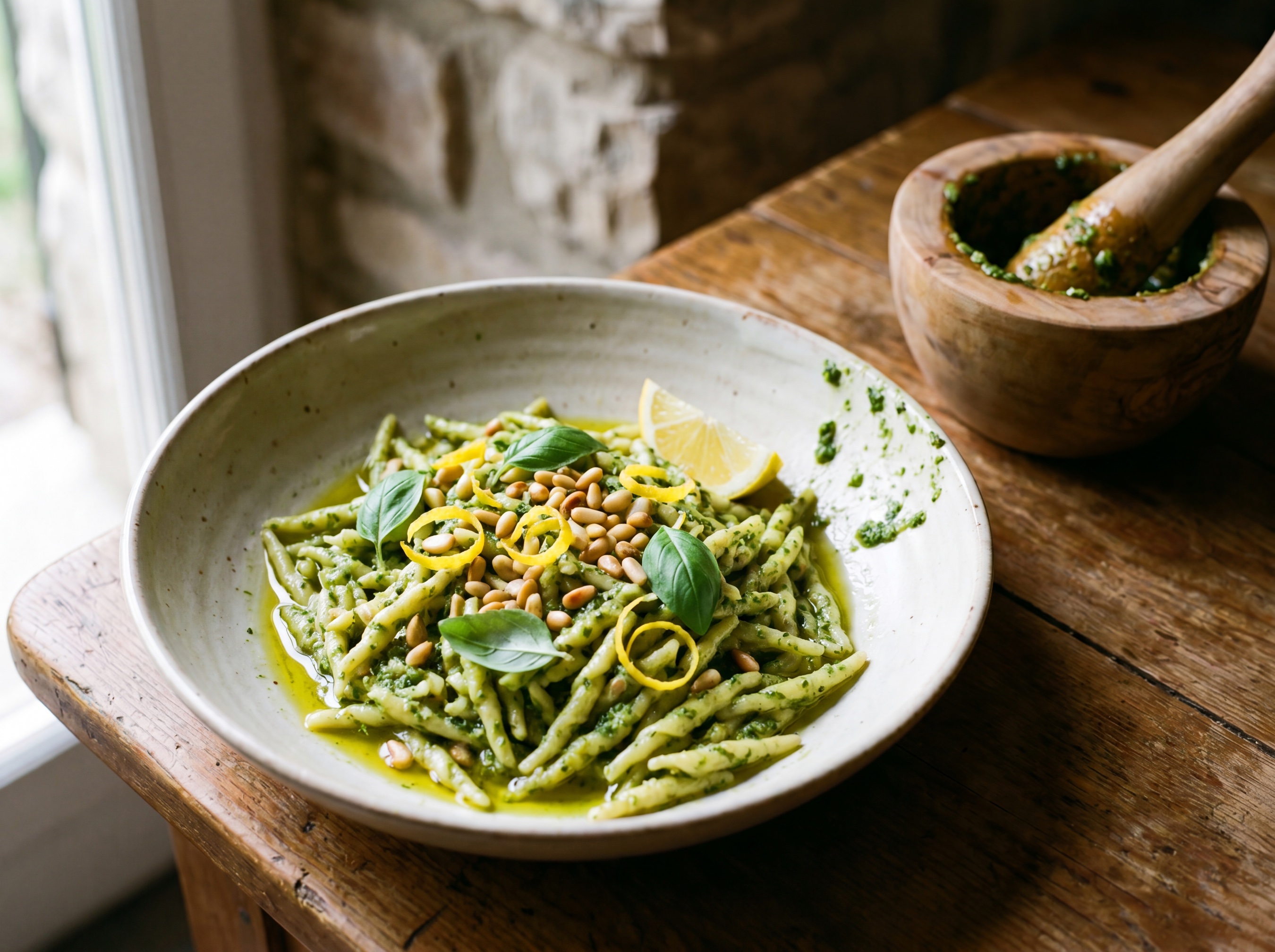 Pesto di basilico al limone su trofie