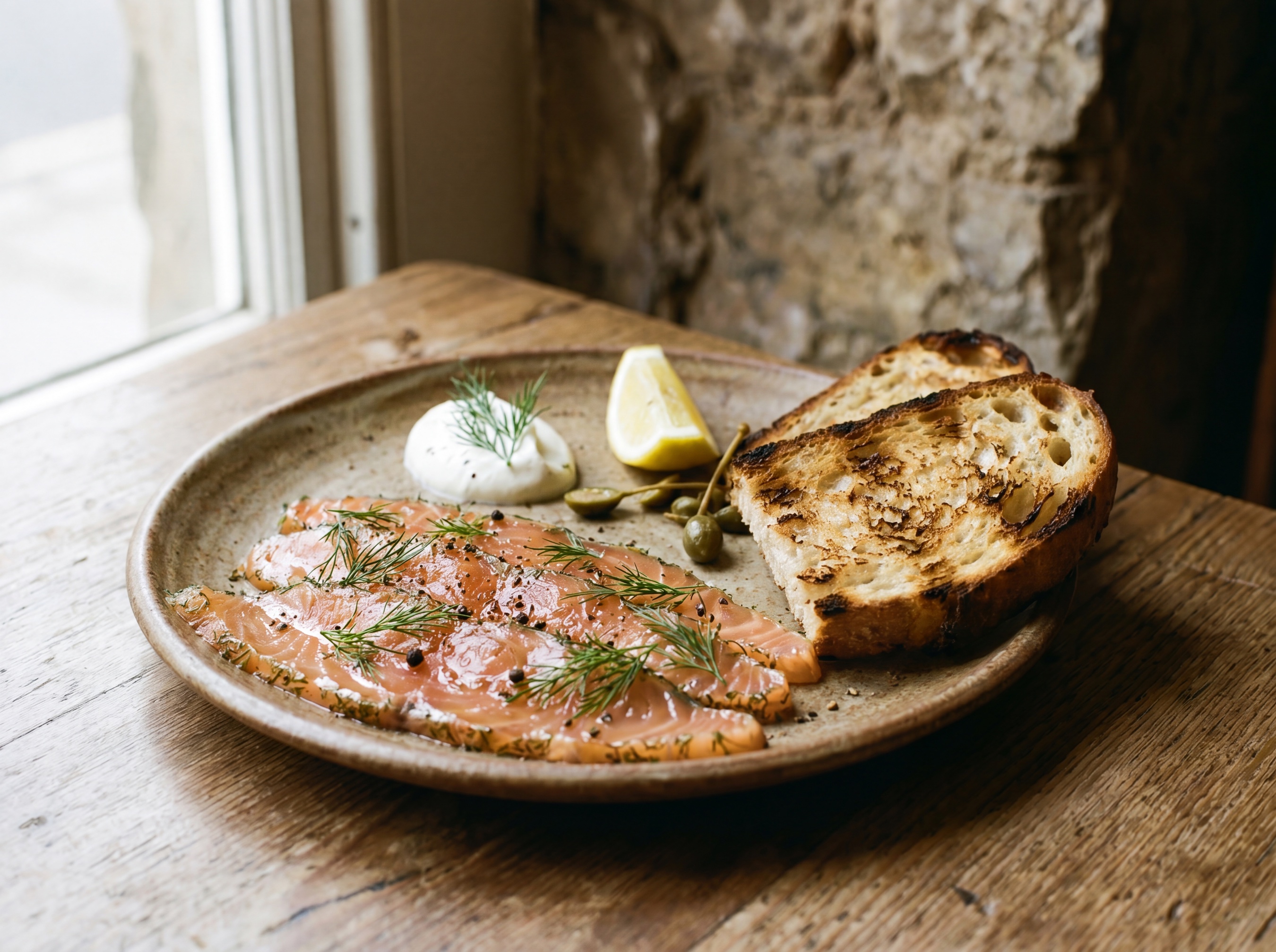 Salmone marinato all'aneto con crostini e crema acida