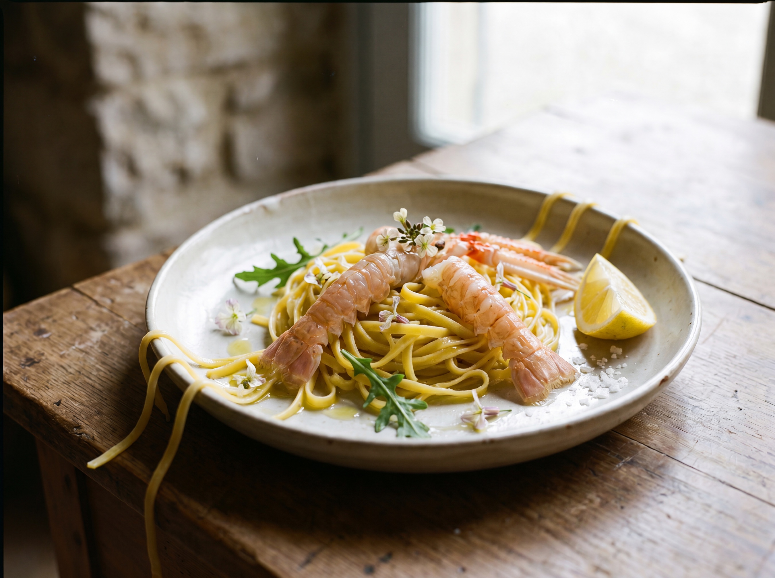 Tagliolini al limone con scampi crudi e fiori di rucola