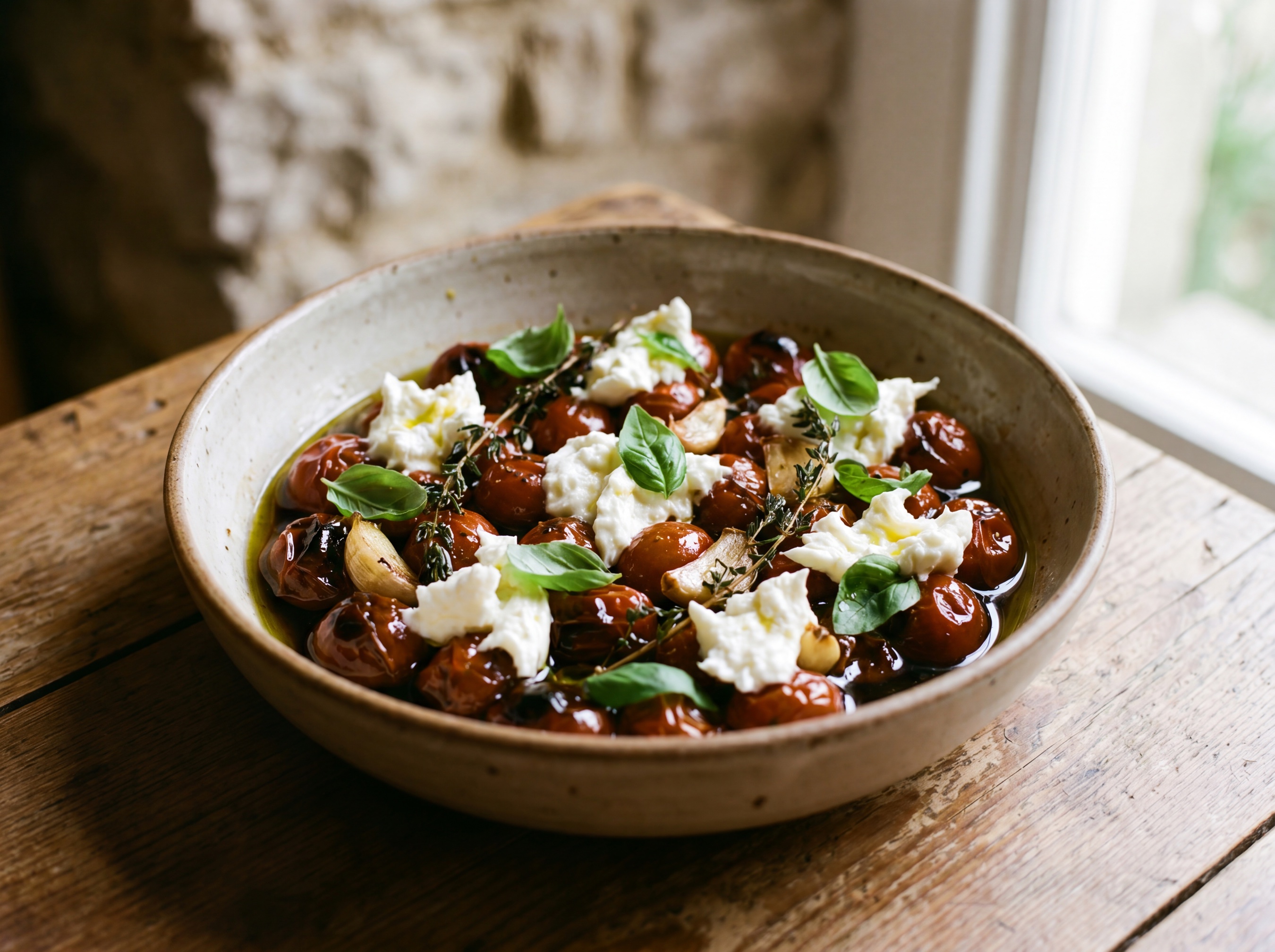 Datterini neri confit con burrata e basilico