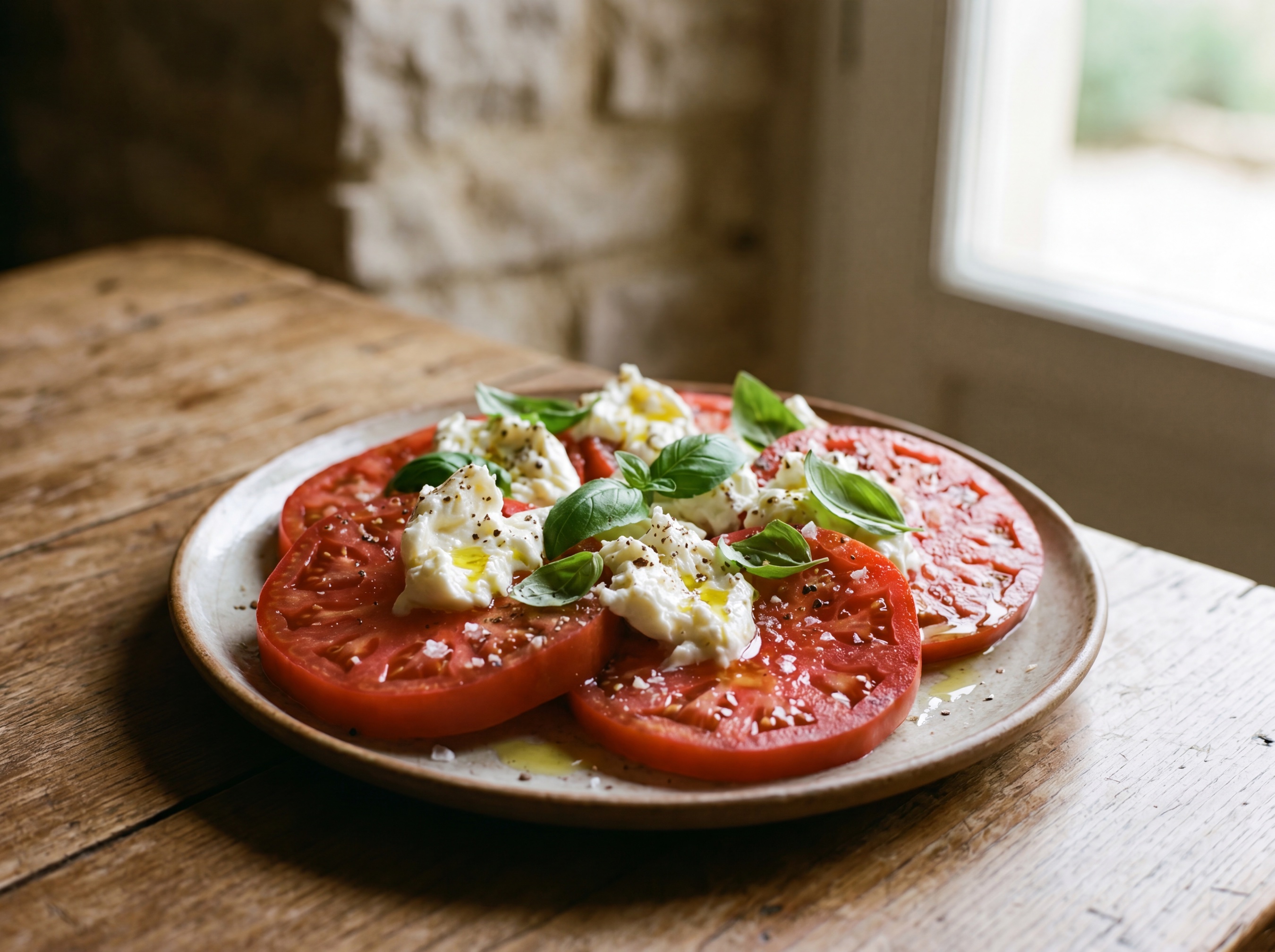 Carpaccio di pomodoro cuore di bue con burrata e basilico