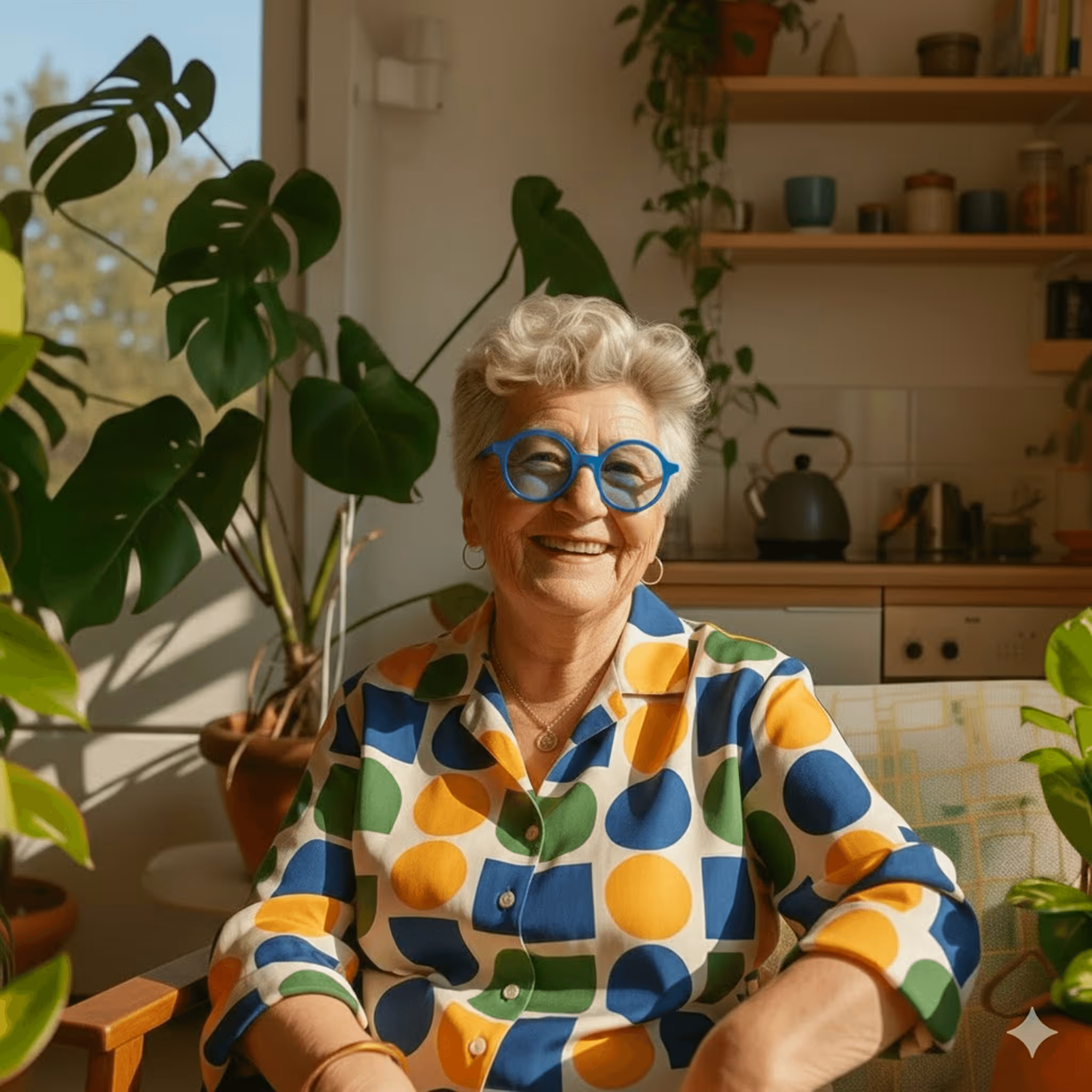 Oudere vrouw met blauwe bril en kleurrijke blouse lacht vrolijk in een zonnige keuken