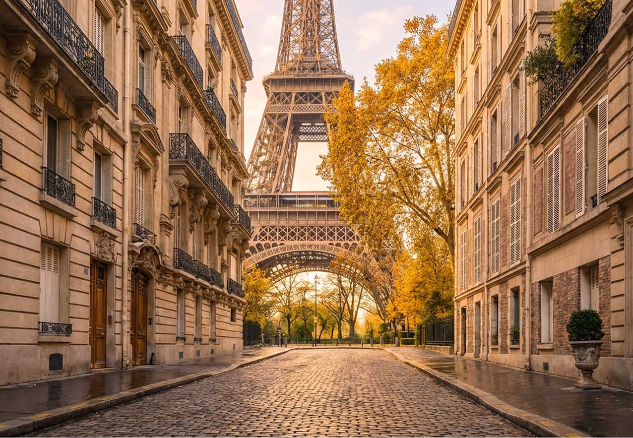 Empty cobblestone street lined with classic Parisian buildings leading to the Eiffel Tower in autumn.