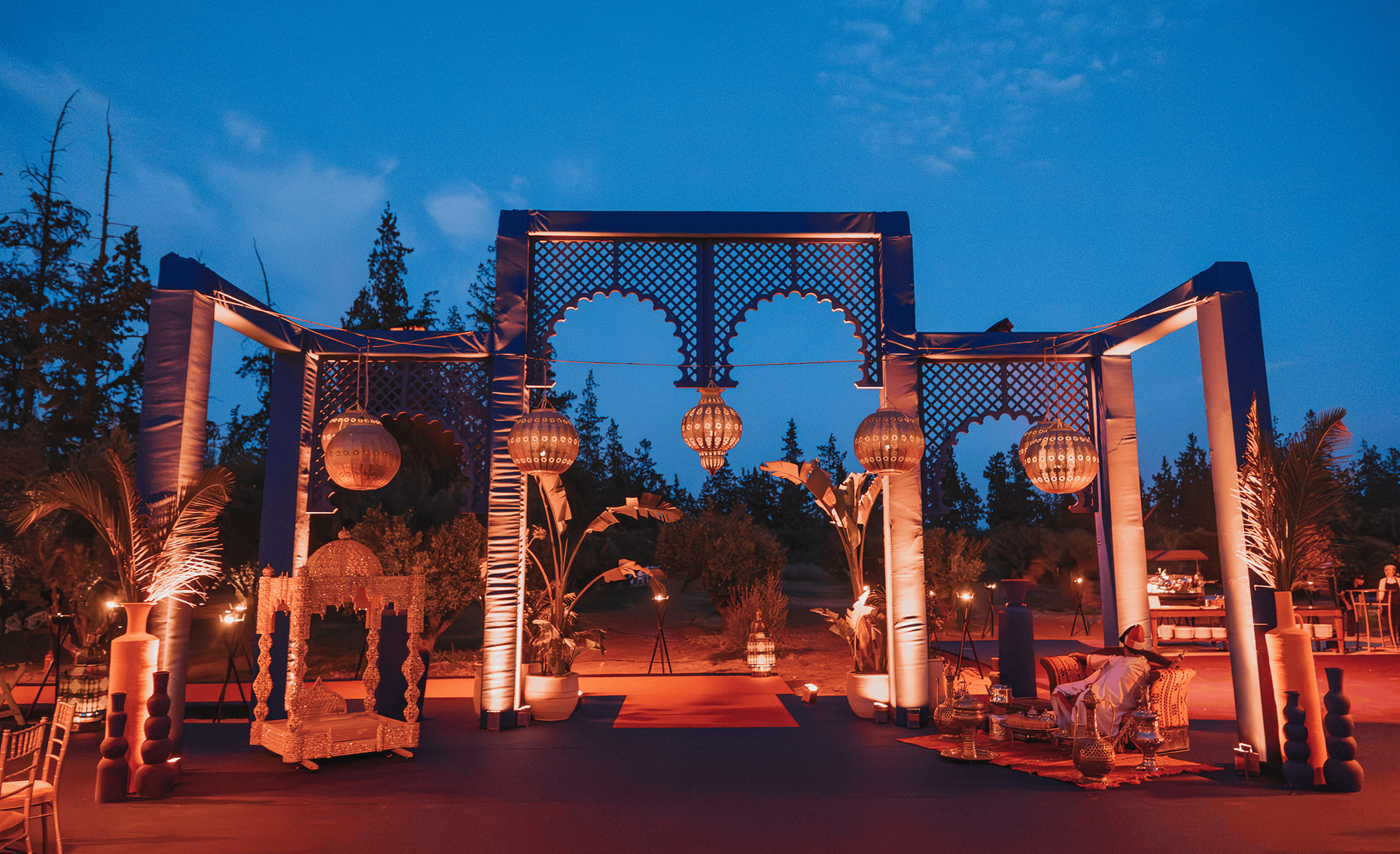 Sunlight shining through hanging white flowers and green leaves in an outdoor setting.