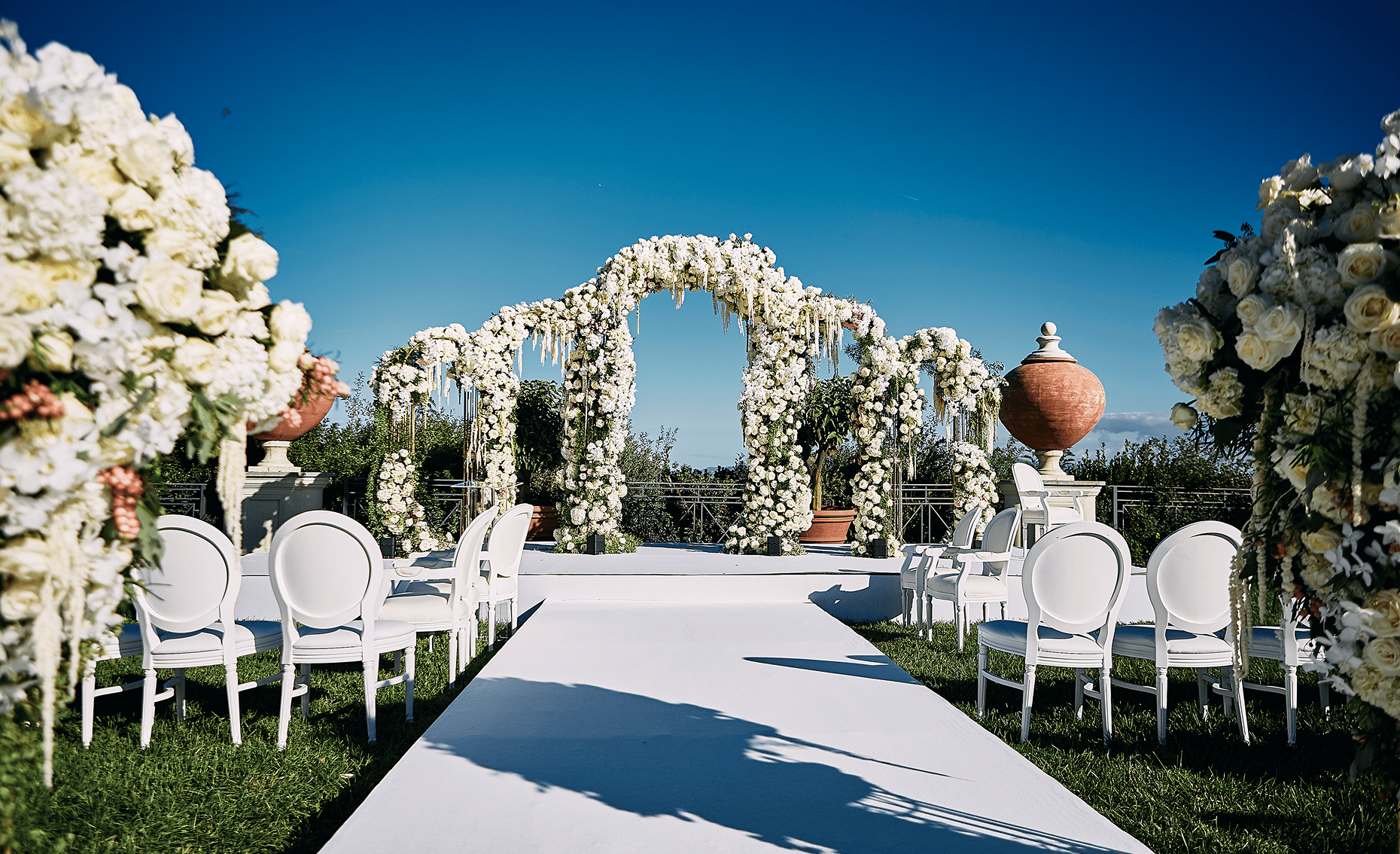 Sunlight shining through hanging white flowers and green leaves in an outdoor setting.