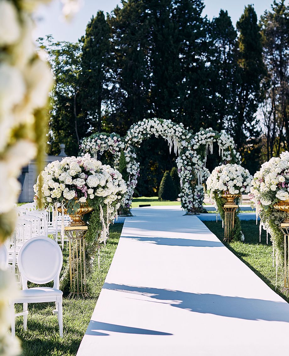 Sunlight shining through hanging white flowers and green leaves in an outdoor setting.