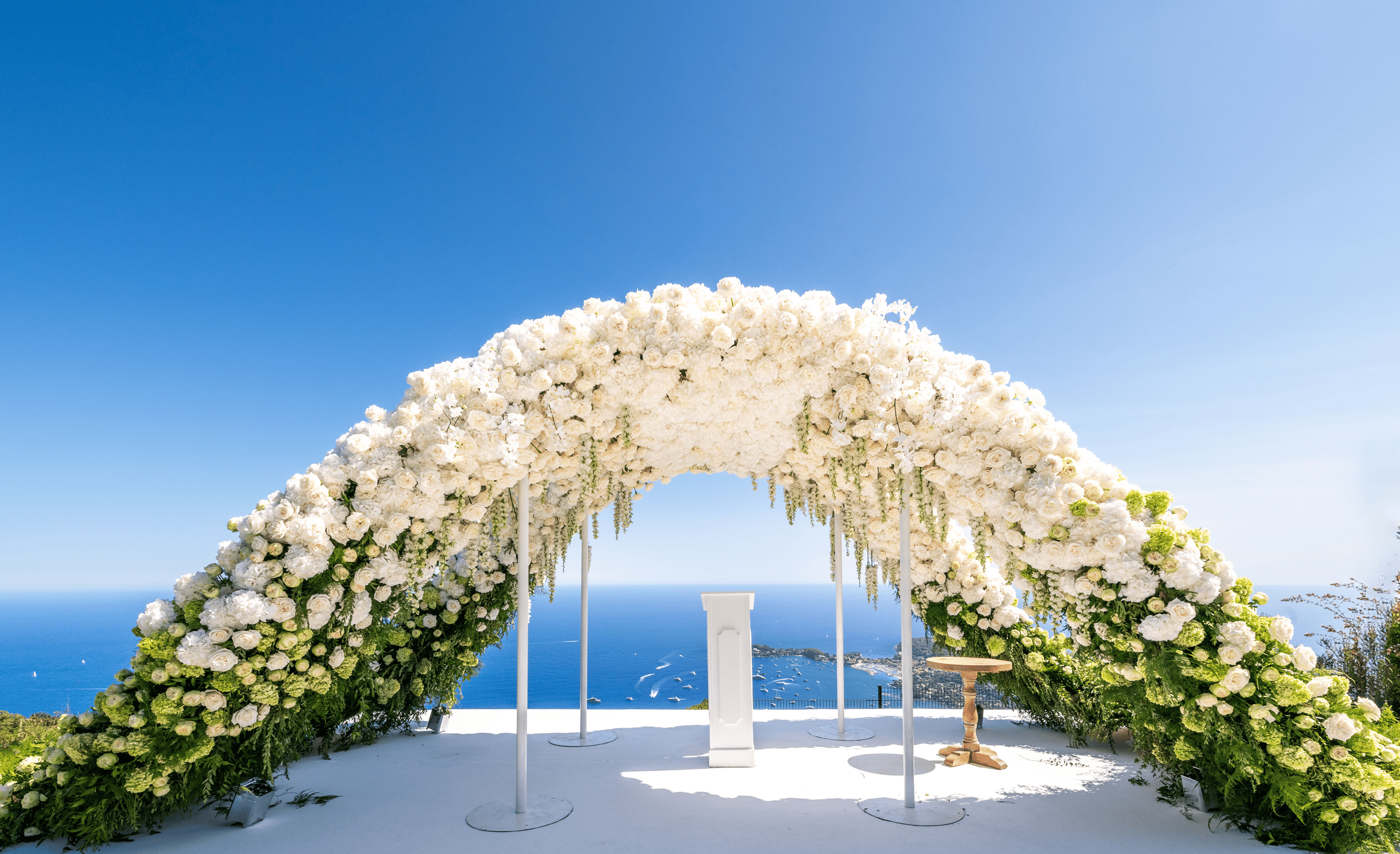 Sunlight shining through hanging white flowers and green leaves in an outdoor setting.
