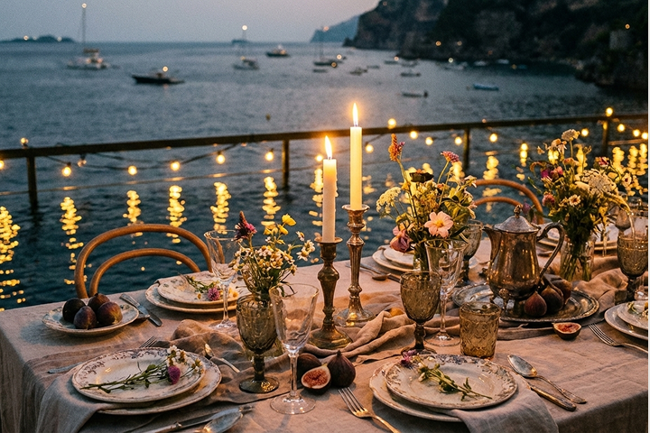 Long table set with white plates, crystal glasses, and decorated with lush green and white floral arrangements for an elegant event.