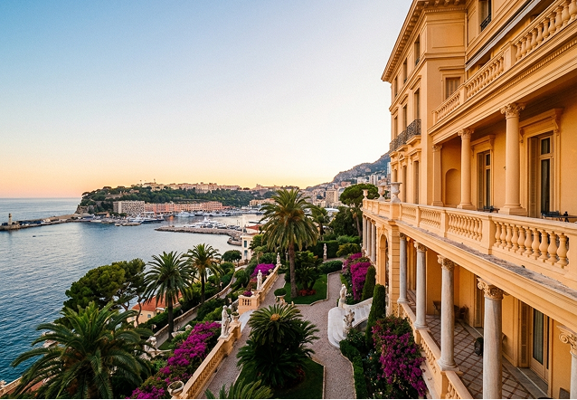 Elegant outdoor event with guests dining beside a large historic white building with ornate windows and greenery.