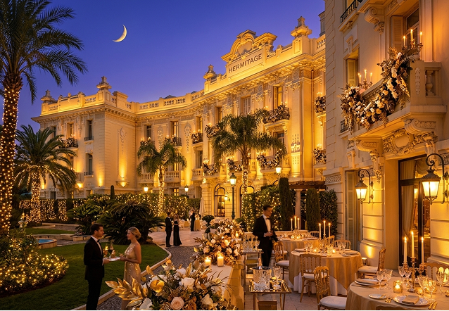 Elegant outdoor event with guests dining beside a large historic white building with ornate windows and greenery.