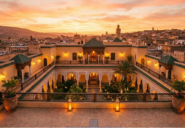 Elegant outdoor event with guests dining beside a large historic white building with ornate windows and greenery.