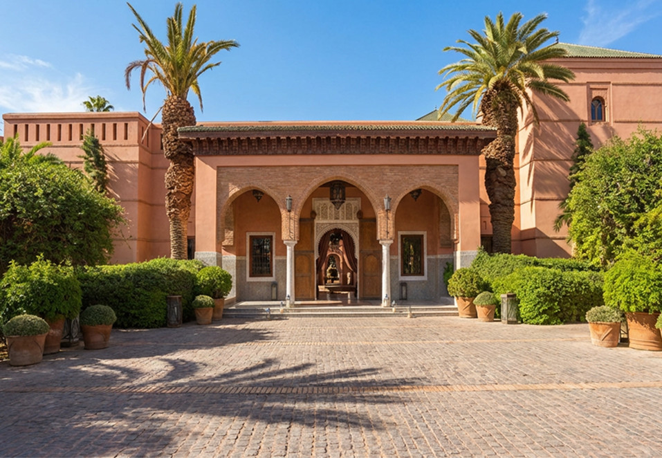 Elegant outdoor event with guests dining beside a large historic white building with ornate windows and greenery.