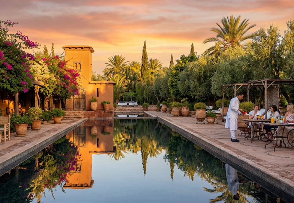 Elegant outdoor event with guests dining beside a large historic white building with ornate windows and greenery.