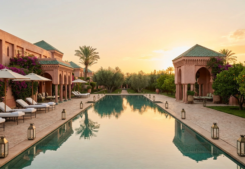 Elegant outdoor event with guests dining beside a large historic white building with ornate windows and greenery.