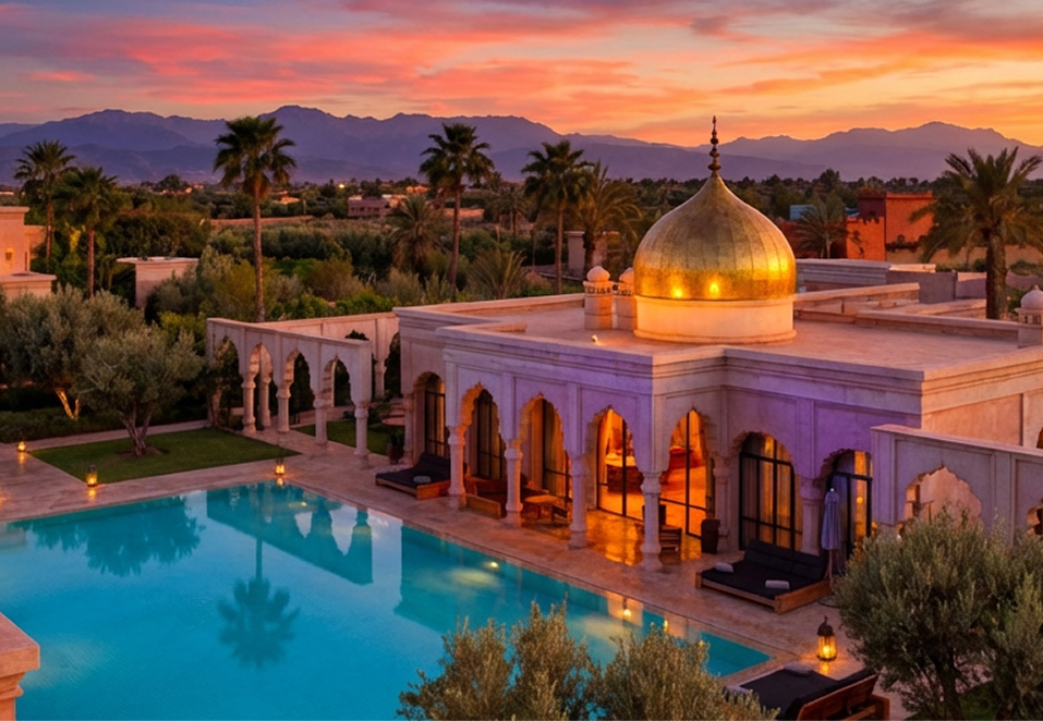 Elegant outdoor event with guests dining beside a large historic white building with ornate windows and greenery.
