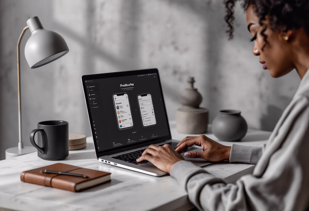 image of an individual typing on a laptop (for a productivity tools business)