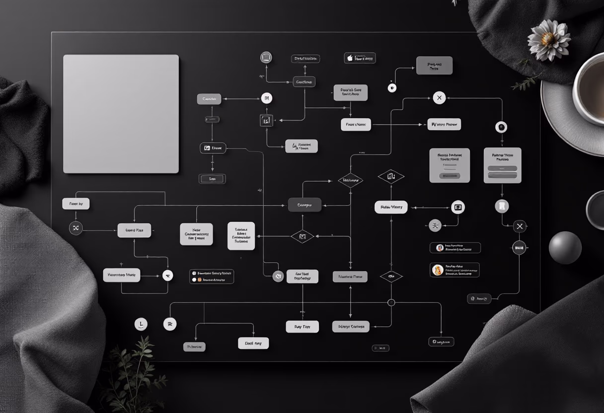 [interface] graphic design of app flow diagram (for a consumer apps) filling entire background