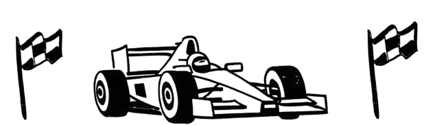 Black-and-white illustration of a Formula 1 race car with checkered flags on both sides.