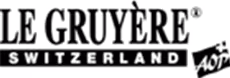 Logotyp för Le Gruyère med texten Le Gruyère Switzerland och en liten svart etikett med vitt text 'AOP'.