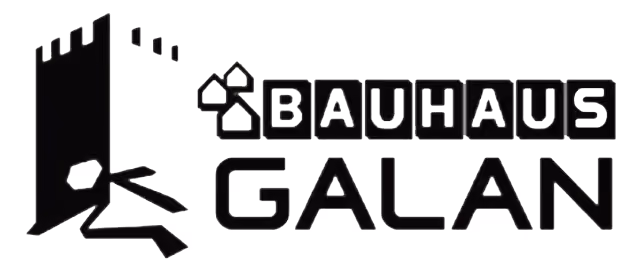 Logotyp för Bauhaus Galan med en stiliserad svart vägg och en springande person till vänster, och texten BAUHAUS i blockbokstäver bredvid.