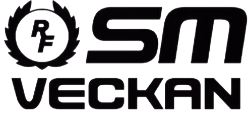 Logotyp med bokstäverna RF inneslutna i en lagerkrans till vänster, följt av texten SM VECKAN i fet, svart stil.